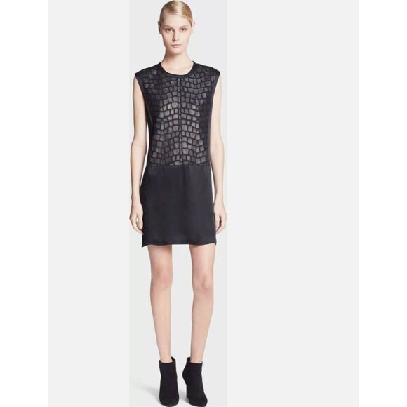 NWT Helmut Lang Fractal Mini Dress Faux Leather Leopard Satin Black Shift  2 - Picture 2 of 15